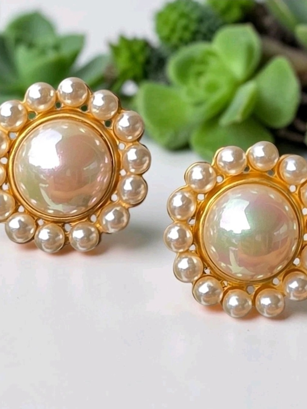 Vintage Large Lustrous Faux Pearl Cabochon Halo Clip On Earrings Statement